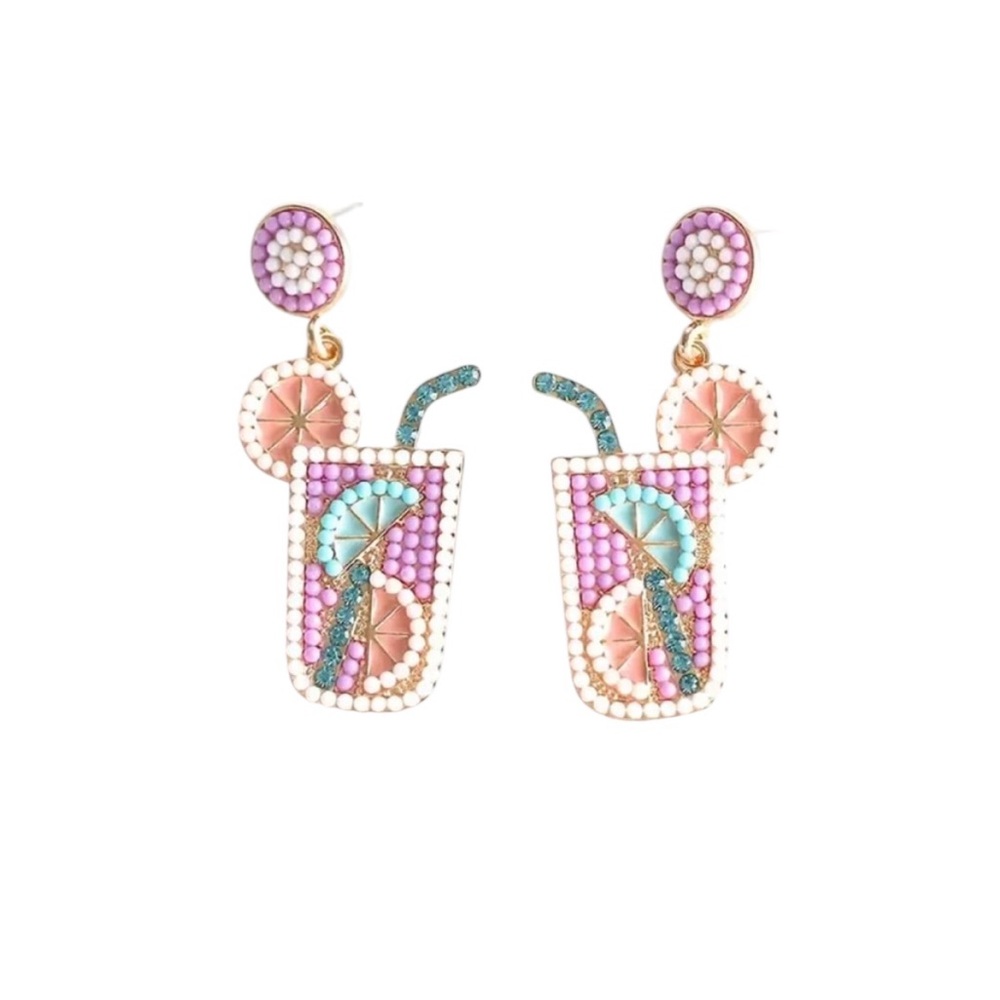 Purple Summer Tropical Drink Beaded Dangle Earrings